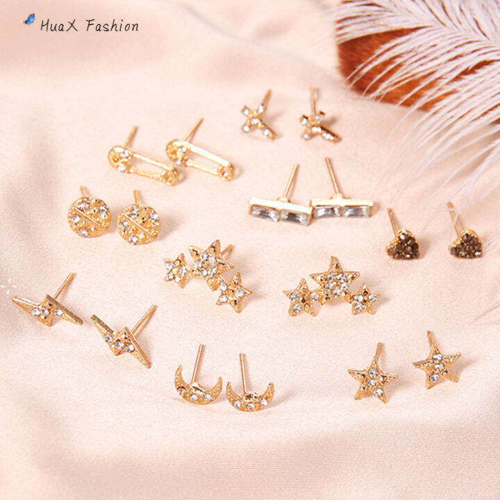 9คู่-ear-studs-เลดี้ต่างหูแฟชั่นชุดเพชรปลอมฝัง-star-moon-รอบรักรูปร่าง