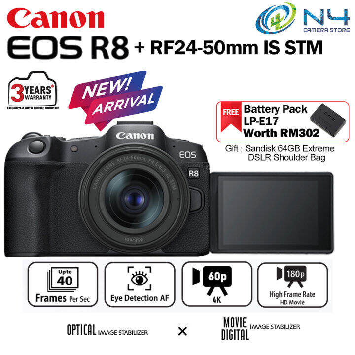 Canon EOS R8 Mirrorless Camera with RF 2450mm f4.56.3 IS STM Lens / R8 Body only F Mount, 24.2