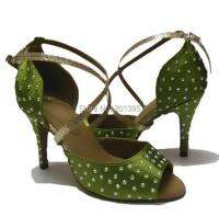 New Free Shipping Green Satin Crystal Salsa Ballroom Dance Shoes Latin Dance Shoes ALL Size