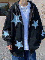 ผู้ชาย Star Patch Zip Up Hoodie สำหรับผู้ชายขนาดใหญ่ Y2k เสื้อแจ็คเก็ต E-Girl 90S Pullover Streetwear