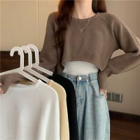 {Qinqin clothing}ใหม่ฤดูใบไม้ร่วงผู้หญิงเสื้อกันหนาว O-Neck หลวมเสื้อกันหนาว Crop Top เสื้อกันหนาวเสื้อ Femme ถัก Outwear Jumpers