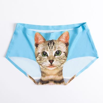 ชุดชั้นในสตรีกางเกงในเอว3D แมวชุดชั้นในเซ็กซี่สาวการ์ตูนผ้าไอซ์ซิลค์พิมพ์ลายหัวแมวกางเกงในสายหนัง