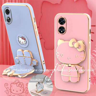 Phone Case เคส OPPO A78 5G น่ารักการ์ตูน Hello-Kitty เคสชุบลูกอมพร้อมกระจกแต่งหน้าแบบพกพาที่วางโทรศัพท์ฟังก์ชั่นตัวดูดแม่เหล็กฝาครอบ2023