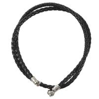 Jewelry Mens Necklace - 3mm Cord - Leather - Stainless Steel - for Men - Color Black Silver - With Gift Bag