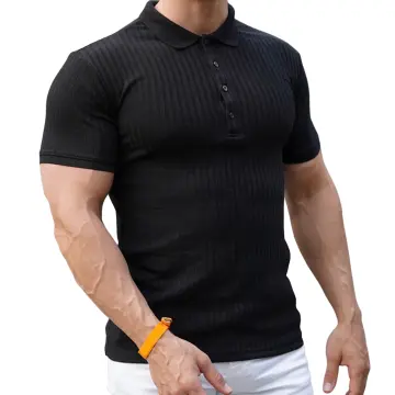 Men Ribbed Polo Shirt Short Sleeve T-shirt Summer Slim Fit Muscle