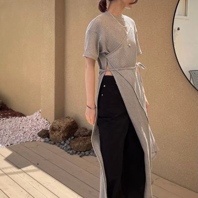 ‘；’ MEXZT Y2K Dress Women Solid Bandage Asymmetrical Side Slit Chic Midi Dress Streetwear Simple Lace Up Casual A Line Slim Sundress