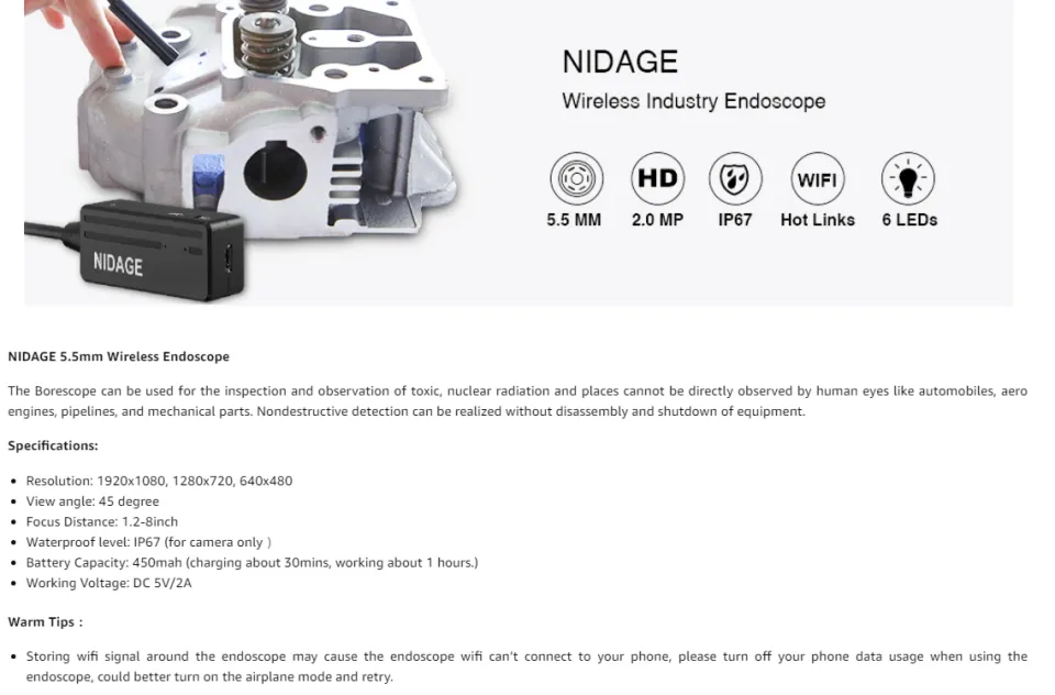 Wireless Endoscope, NIDAGE 5.5mm 2MP WiFi Borescope 1080P HD Semi-Rigid  Snake Camera for iPhone Android, Tablet, Motor Engine Sewer Pipe Vehicle