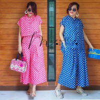 #2516 MondLune ชุดเซ็ท2ชิ้น ลาย Polkadot ผ้าคอตต้อนญี่ปุ่น เสื้อแขนกุดทรงโอเวอร์ไซด์ กระเป๋าหน้า คู่กับกางเกงขาบาน จีบหน้า สะโพกใหญ่