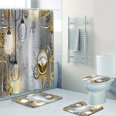 (ร้อน) โบราณอุตสาหกรรมม่านอาบน้ำห้องน้ำม่านชุดหลอดไฟ Steampunk องค์ประกอบทองเหลืองผ้าม่านอาบน้ำเสื่อพรมปูพื้นตกแต่งบ้าน