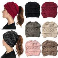 【YD】 2022 Ladies Ponytail Knit Sweater Hat Stretch Cap Adjustable Outdoor Warm Cotton Beanie