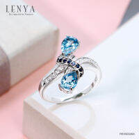 Lenya Jewelry แหวนบลูโทแพซ ดีไซน์เก๋ ประดับไพลิน และคิวบิคเซอร์โคเนีย ตัวเรือนเงินแท้ ชุบโรเดียม