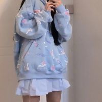 Autumn new style Korean loose womens blouse kawaii printed with rabbit print hooded Harajuku sweatshirt clothes for teens