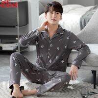 MUJI High quality Qingtong high-end pure cotton pajamas mens spring and autumn long-sleeved suit XL and middle-aged and young people can wear home clothes outside Men