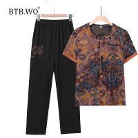 BTB.WO ชุดสูทแขนลำลองขาสั้นสำหรับฤดูร้อนสำหรับเสื้อเชิ้ตสตรีอายุ60-80ปี + กางเกงสองชิ้นชุดคุณแม่