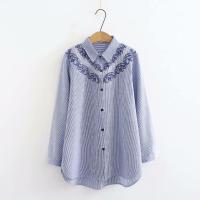 ร้อน, ร้อน★【มีไซส์ใหญ่】Plus size turn-down collar long sleeve cotton blouse women 2020 blue &amp; red striped Embroidered shirt spring autumn ladies tops