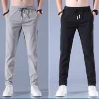 COD SDFGERTERT 【READY STOCK】 W-KING Summer Ice Silk Mens Sports Jogging Pants Korean Mens All-match Slim Casual Trousers Stretch Cropped Trousers