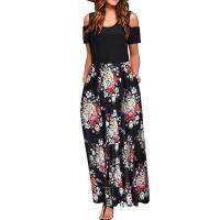 【YF】 Long Pocket Holiday Dresses For Women 2023 Plus Size Maxi Dress Floral Print Shoulder Cold Short Sleeve Платье Женское