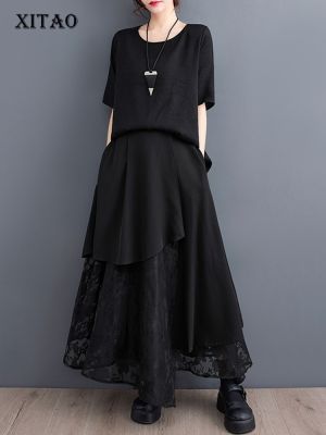XITAO Skirt Asymmetrical Gauze Patchwork Skirt Black Loose Fashion Summer  Women