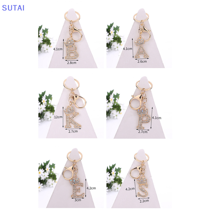 lowest-price-sutai-พวงกุญแจรูปมงกุฎคริสตัลพลอยเทียมตัวอักษร26ตัวพวงกุญแจสีทองสวยกระเป๋าเครื่องประดับพวงกุญแจรถ