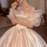 ชุด Wedding Dress Satin Bridal off-Shoulder R French Puff Sleeve Trailing H283 ชุด แต่งงาน