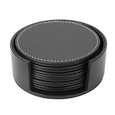 Set of 6 Leather Drink Coasters Round Cup Mat Pad for Home and Kitchen Use Black