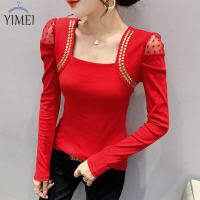 HOT”YIMEI ผ้าฝ้ายสีดำสแควร์คอด้านบน2022ฤดูใบไม้ร่วงการออกแบบใหม่ความรู้สึกแฟชั่นฮอลโลว์ฟองแขน Bottoming เสื้อรีดผ้าเพชรสตรีเสื้อยืด