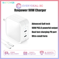 RAVPower 90W 2-พอร์ตชาร์จติดผนัง PD 3.0 GaN Type C อะแดปเตอร์เครื่องชาร์จเร็ว