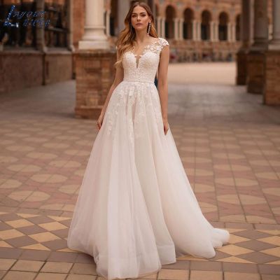 LAYOUT NICEB Charming Lace Wedding Dresses Applique Cap Sleeves Button Tulle Bride Gowns A Line Floor Length Bridal Dresses 2023
