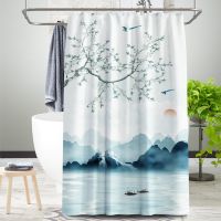 【CW】☁◙  Chinese ink style shower curtain scenic Fabric bath washable Size