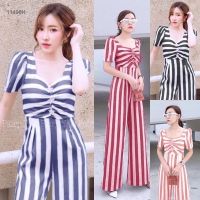 J10496 Jumpsuit จั๊มสูทขายาวลายริ้วอกปักดาว #ใบเฟิร์น