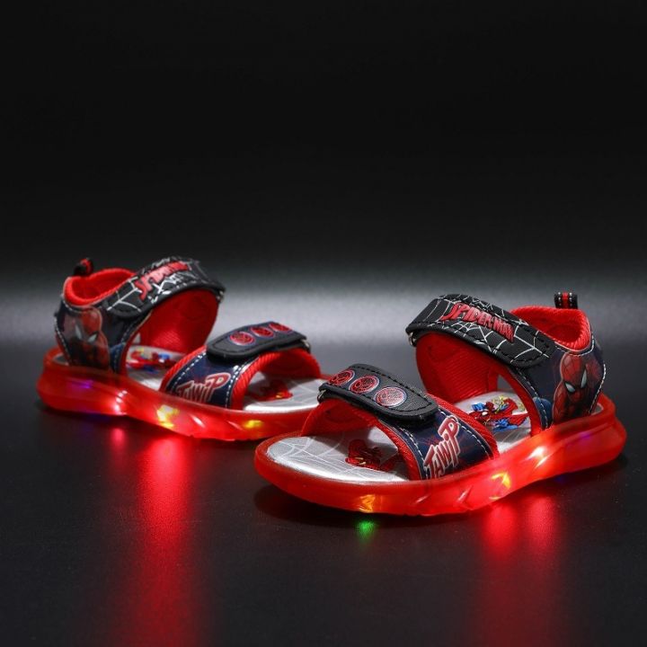 disney-spiderman-led-luminous-kids-soft-shoes-waterproof-leather-boys-girls-sneakers-magic-buckle-running-baby-children-sandals