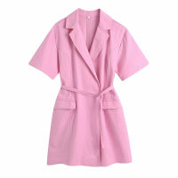 2021TRAF Za 2021 Pink Dress Women Linen Blazer Dress Woman Casual Short Sleeve Mini Summer Dress Adjustable Belt Short Dresses