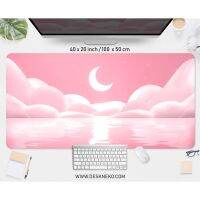 Pink Moon Table Mat Kawaii , แผ่นรองเม้าส์ขนาดใหญ่น่ารัก , เมฆสีขาวอ่อน , แผ่นรองเม้าส์เล่นเกมคีย์บอร์ด RGB LED ขนาดใหญ่ , แผ่นรองเม้าส์ XXL Aesthetic