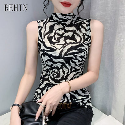 REHIN ผู้หญิง Top Letter พิมพ์แขนกุด High-Collar เสื้อยืด Slim และบางรุ่นเสื้อผู้หญิงฤดูร้อนใหม่แฟชั่น Tops