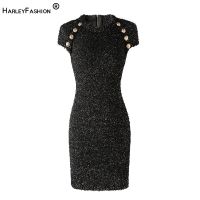 【YF】 HarleyFashion Luxury Bling Shining Fabric Short Sleeve Black Straight Elastic Knit Casual Dress