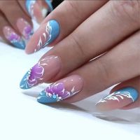 24pcs/Box Blue Almond False Nails With Flower diamond Wearable French Stiletto Fake Nails Full Cover Nail Tips Press On Nails fenguhan