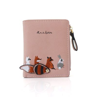 【CC】Fashion Womens Wallet Lovely Cartoon Animals Short Embroidery Leather Wallets Female Zipper Purse Card Holder For Girls Kid