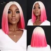 Short Pink Mid Parting Straight Lace Women Wig Top White Heat Resistant Synthetic Fiber Wigs Cospaly Party Daily Use Fake Hair Wig  Hair Extensions Pa