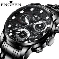 [Aishang watch industry]FNGEEN สีดำนาฬิกาชายนาฬิกาควอตซ์แฟชั่น Hollow Gear กันน้ำสแตนเลสสตีลนาฬิกาส่องสว่างผู้ชาย Relogio Masculino