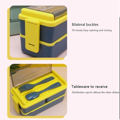 Microwave Double Layer Lunch Box 1400 ML Food Storage Container Dinnerware Set with Fork Spoon Thermal BagsTH