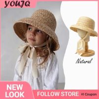 Children Hand-knitted Raffia Retro Flat Top Sun Hats Girls Boys Summer Travel Sunscreen Vacation Straw Hat Gorra with Lacing