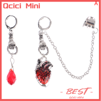 ต่างหูหัวใจเต้นแรง Qcici พังก์น่ากลัวหัวใจที่มีเลือดไหลสีแดงอสมมาตรที่หนีบข้อมือต่างหูห่วงปาร์ตี้ฮาโลวีน