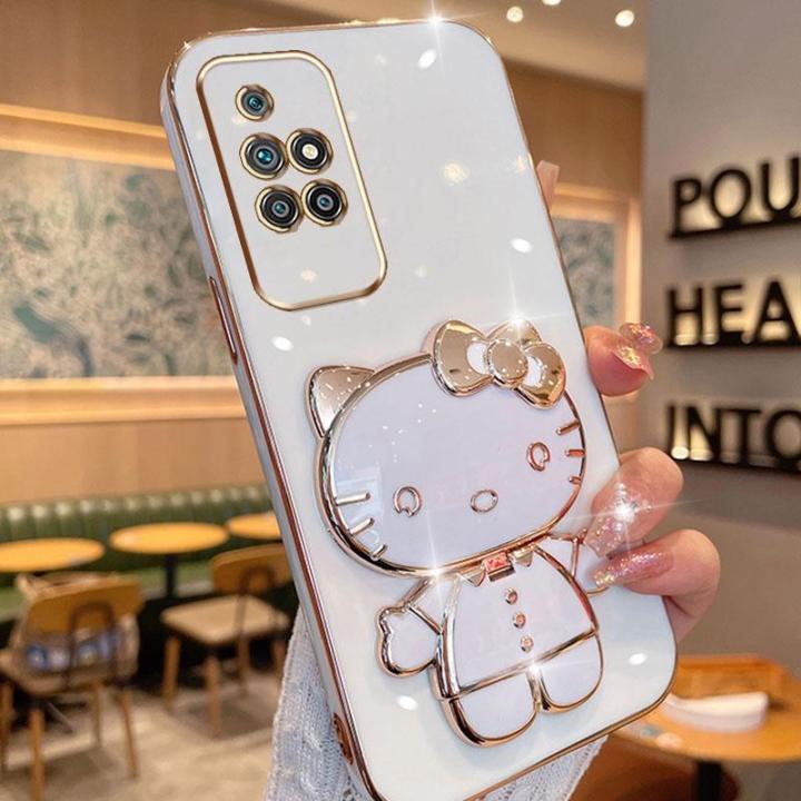 folding-makeup-mirror-phone-case-for-xiaomi-redmi-10-prime-2022-case-fashion-cartoon-cute-cat-multifunctional-bracket-plating-tpu-soft-cover-casing