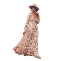 Fashion Long Sleeve V-Neck High Waist Floral Printed Beach Dresses Vestidos