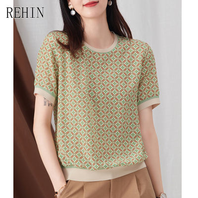 REHIN Women S Top Breathable And Skin-Friendly Smooth Drape Gentle Vintage Floral Short Sleeve T-Shirt Round Neck Silk Blouse