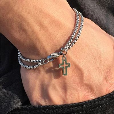 Double Chain Hollow Cross Pendant Stainless Steel Lobster Claw Claw Bracelet Fashion Hip Hop Punk Party Mens Jewelry Gift Adhesives Tape