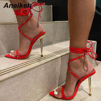 Aneikeh 2022 Concise Fashion Solid Pointed Peep Toe Narrow Band Thin High Heel Women Shoes Ankle Front Rear Strap Career Sandals