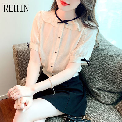 REHIN เสื้อเชิ้ตแขนพองคอตุ๊กตาฝรั่งเศสสำหรับผู้หญิง,เสื้อเชิ้ตแขนสั้นคอตุ๊กตาสไตล์เกาหลีแบบใหม่สำหรับฤดูร้อน