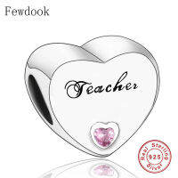 Fit Original Pan Charm Bracelet Real 925 Silver Heart Shape Pink Stone Teacher Bead For Making School Thank Berloque 2020