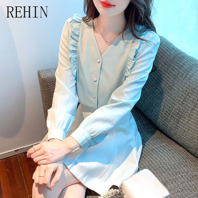 REHIN มาใหม่ล่าสุดแฟชั่นการออกแบบที่ไม่เหมือนใครฝรั่งเศสสำหรับผู้หญิง,เสื้อกันหนาวคอวีสาวอวบเล็กน้อยเสื้อเชิ้ตแขนยาวขอบเห็ด